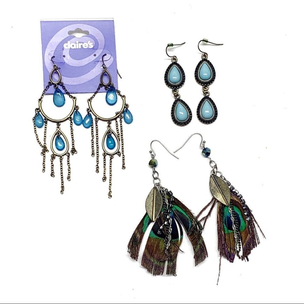 3 Pairs of Earrings Feathers Turquoise z99
